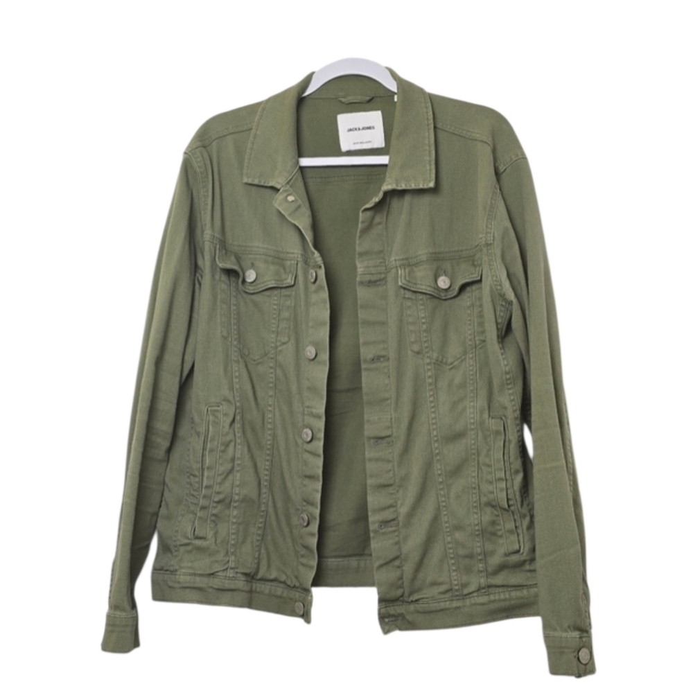 Jack & Jones Men’s Olive Green Jean Jacket Size XL Button-Up Casual Relaxed Fit